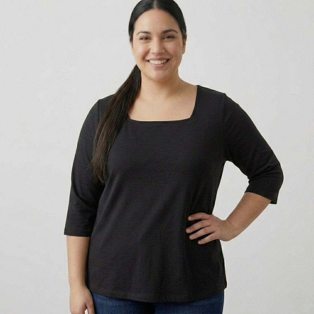 BNWT Studio Square Neck 3/4 Sleeve Black Minimalist Top 3X